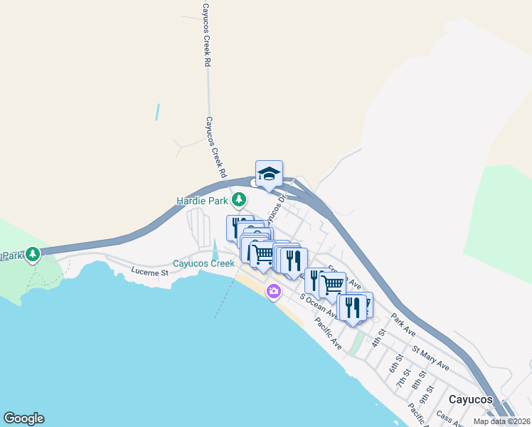 map of restaurants, bars, coffee shops, grocery stores, and more near 301 Cayucos Drive in Cayucos
