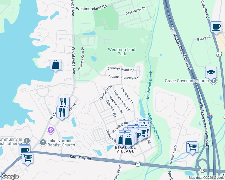 map of restaurants, bars, coffee shops, grocery stores, and more near 8531 Camberly Road in Huntersville