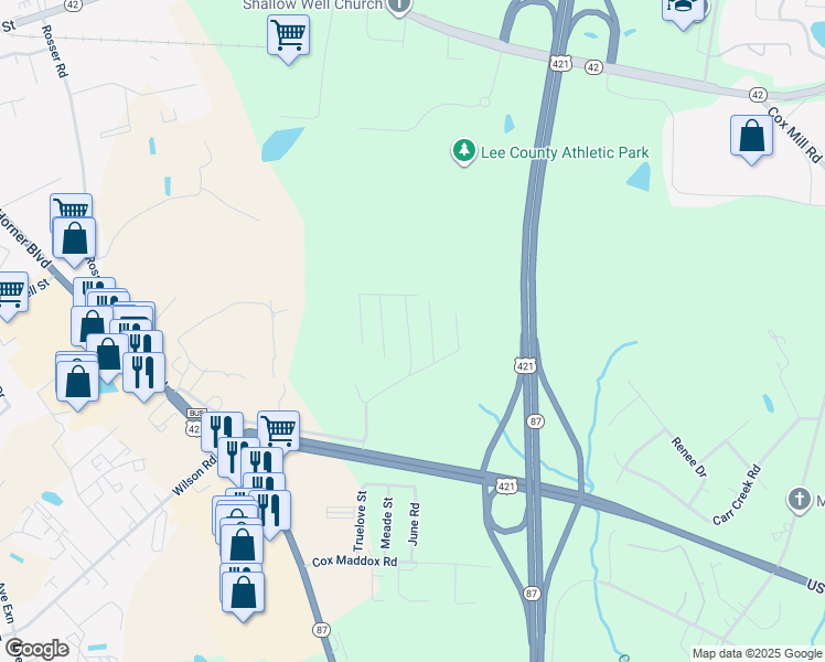 map of restaurants, bars, coffee shops, grocery stores, and more near 71 Alder Lane in Sanford