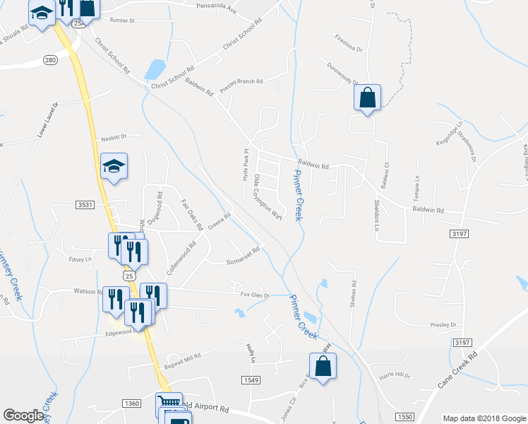 map of restaurants, bars, coffee shops, grocery stores, and more near 302 Olde Covington Way in Arden