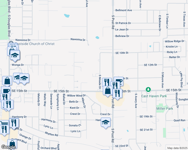 map of restaurants, bars, coffee shops, grocery stores, and more near 1315 Laurel Lane in Midwest City