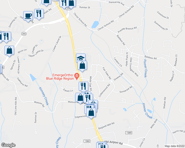 map of restaurants, bars, coffee shops, grocery stores, and more near 16 White Oak Road in Arden