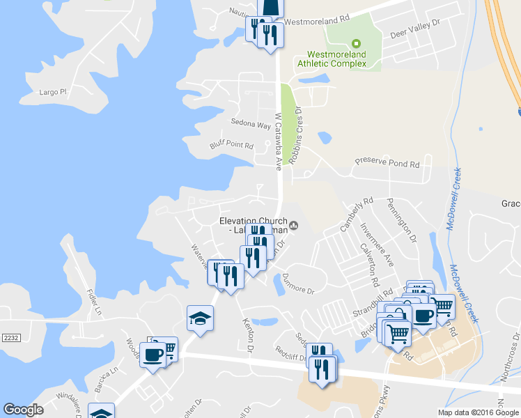 map of restaurants, bars, coffee shops, grocery stores, and more near 17416 Tuscany Lane in Cornelius