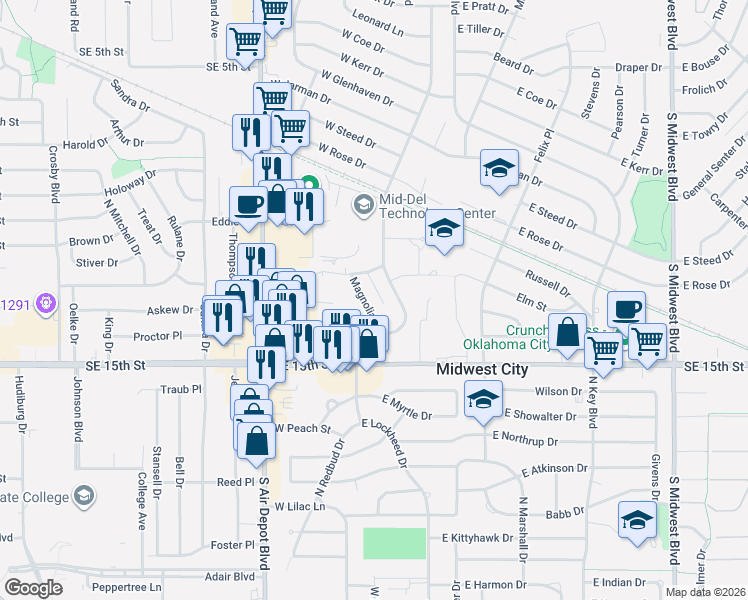 map of restaurants, bars, coffee shops, grocery stores, and more near 1447 Maple Drive in Midwest City