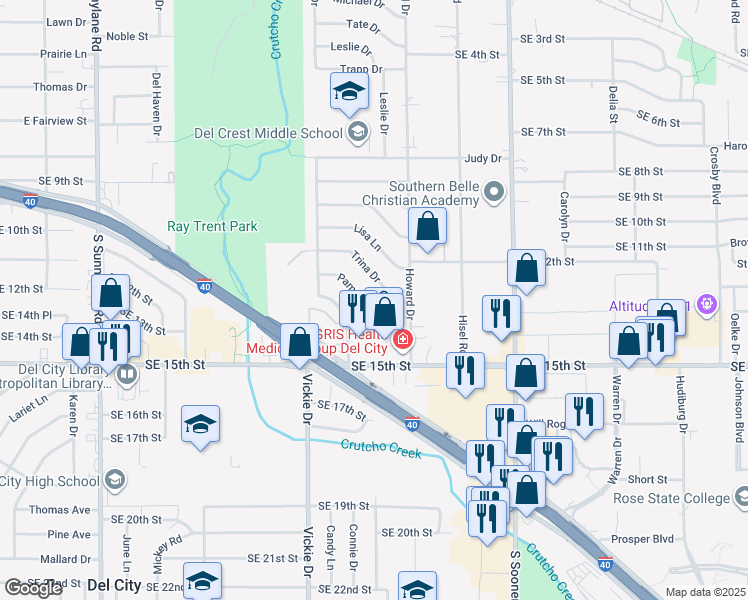 map of restaurants, bars, coffee shops, grocery stores, and more near 4816 Trina Drive in Del City