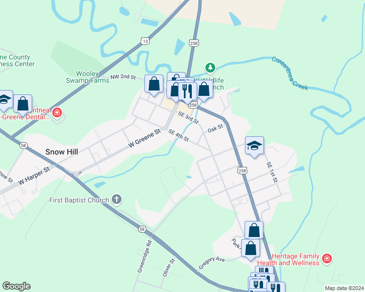 map of restaurants, bars, coffee shops, grocery stores, and more near 203 Southeast 4th Street in Snow Hill