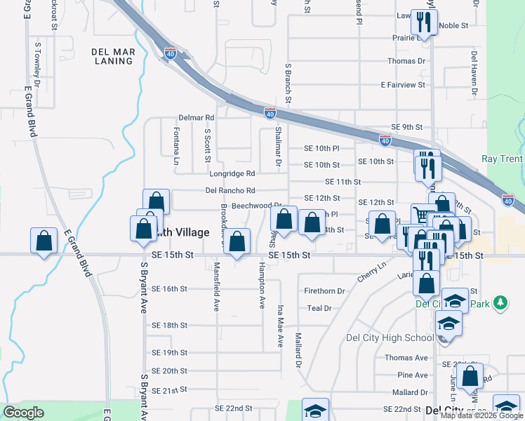 map of restaurants, bars, coffee shops, grocery stores, and more near 3305 Beechwood Drive in Del City