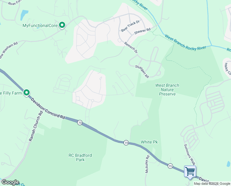 map of restaurants, bars, coffee shops, grocery stores, and more near 14505 Grundys Way in Davidson