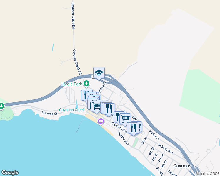 map of restaurants, bars, coffee shops, grocery stores, and more near 174 Cypress Avenue in Cayucos