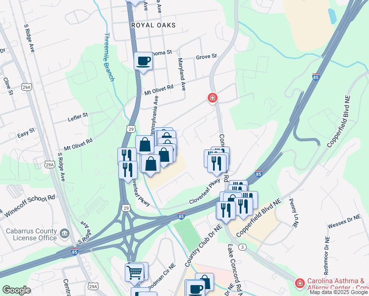 map of restaurants, bars, coffee shops, grocery stores, and more near 250 Bishop Lane in Concord