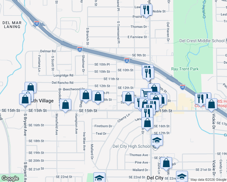 map of restaurants, bars, coffee shops, grocery stores, and more near 3924 Southeast 12th Street in Del City