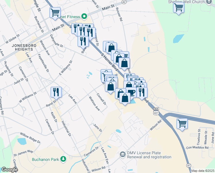 map of restaurants, bars, coffee shops, grocery stores, and more near 2904 South Horner Boulevard in Sanford