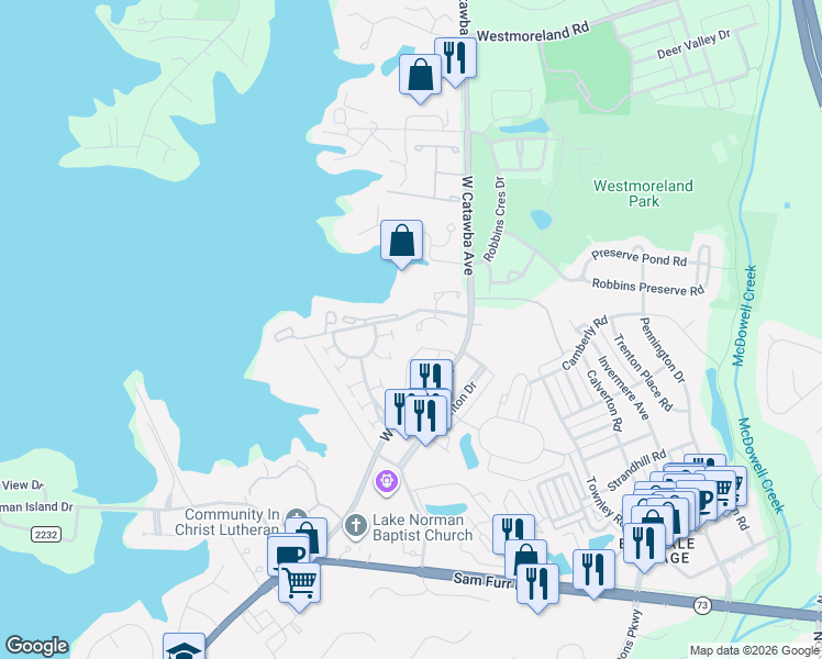 map of restaurants, bars, coffee shops, grocery stores, and more near in Cornelius