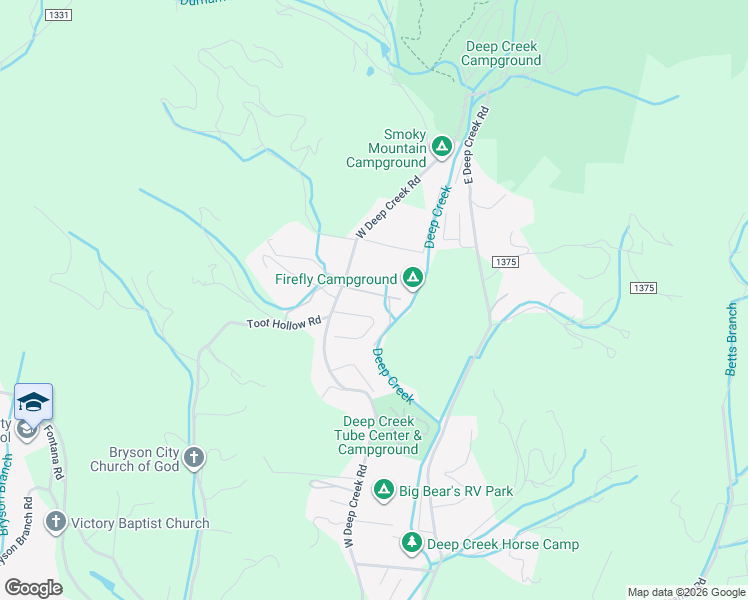 map of restaurants, bars, coffee shops, grocery stores, and more near 85 Ashe Lane in Bryson City