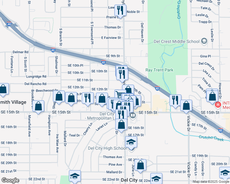 map of restaurants, bars, coffee shops, grocery stores, and more near 4105 Southeast 12th Street in Del City