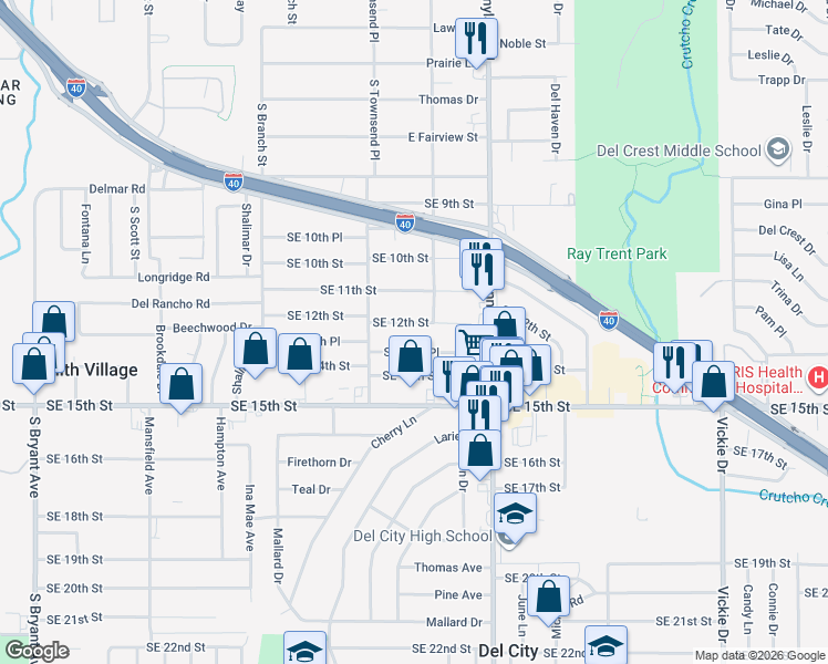 map of restaurants, bars, coffee shops, grocery stores, and more near 4017 Southeast 12th Street in Del City