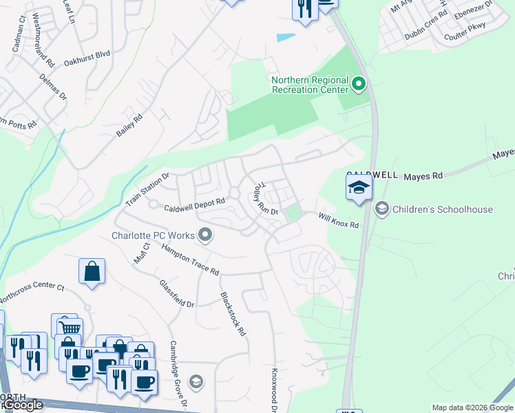 map of restaurants, bars, coffee shops, grocery stores, and more near 10644 Trolley Run Drive in Cornelius