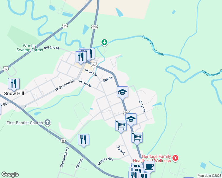 map of restaurants, bars, coffee shops, grocery stores, and more near 312 Southeast 3rd Street in Snow Hill