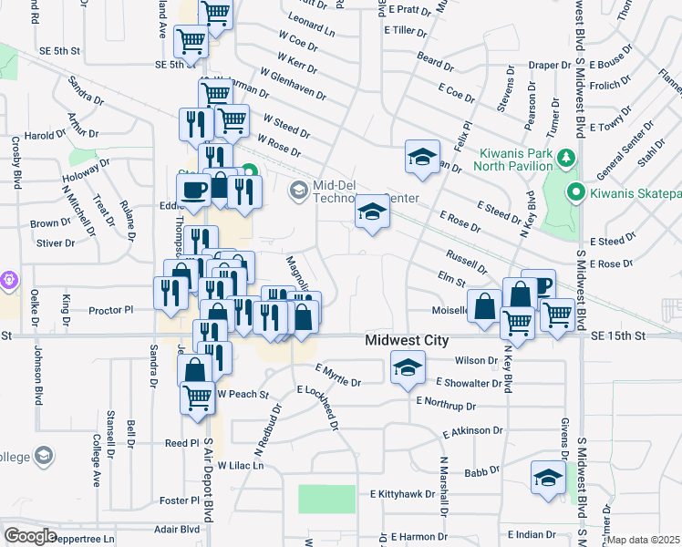 map of restaurants, bars, coffee shops, grocery stores, and more near 210 Elm Street in Midwest City