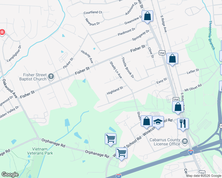 map of restaurants, bars, coffee shops, grocery stores, and more near 410 Highland Street in Concord