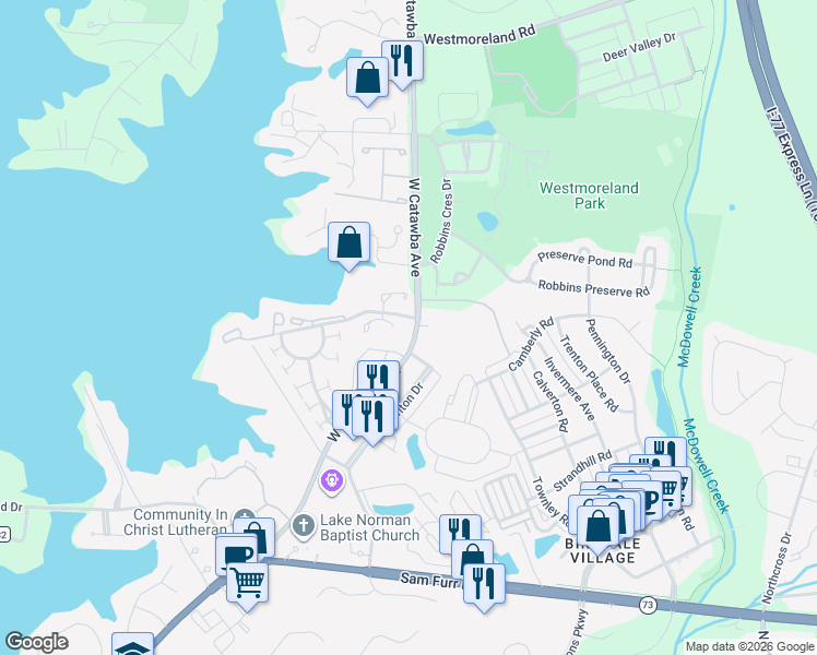 map of restaurants, bars, coffee shops, grocery stores, and more near 17566 Tuscany Lane in Cornelius