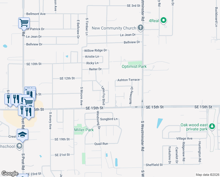 map of restaurants, bars, coffee shops, grocery stores, and more near 1217 Riverwind Drive in Midwest City