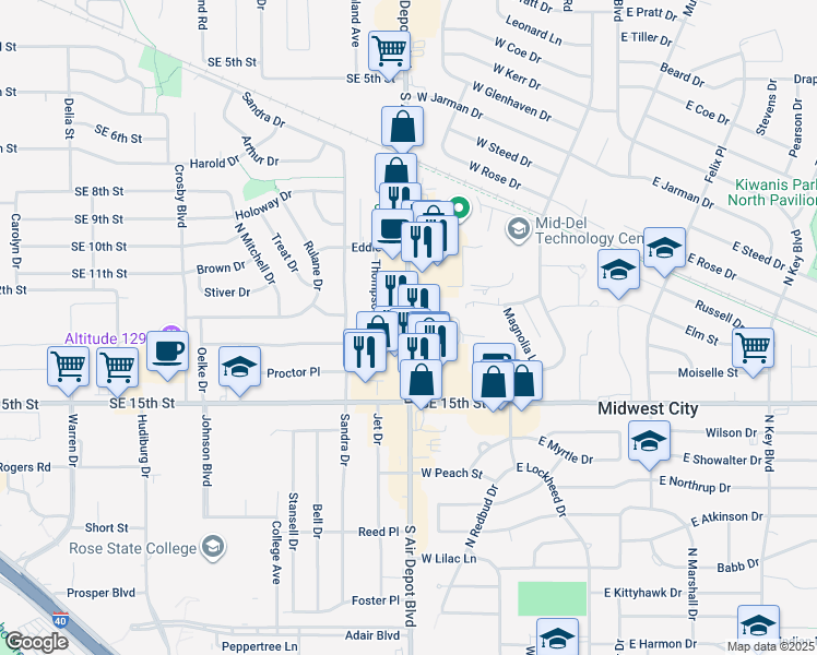 map of restaurants, bars, coffee shops, grocery stores, and more near 1212 South Air Depot Boulevard in Midwest City