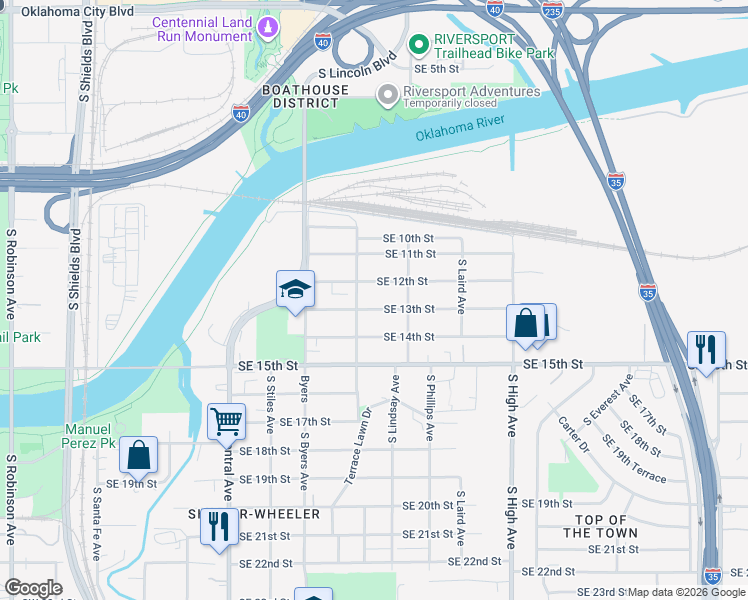map of restaurants, bars, coffee shops, grocery stores, and more near 628 Southeast 12th Street in Oklahoma City
