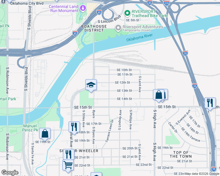 map of restaurants, bars, coffee shops, grocery stores, and more near 605 Southeast 12th Street in Oklahoma City