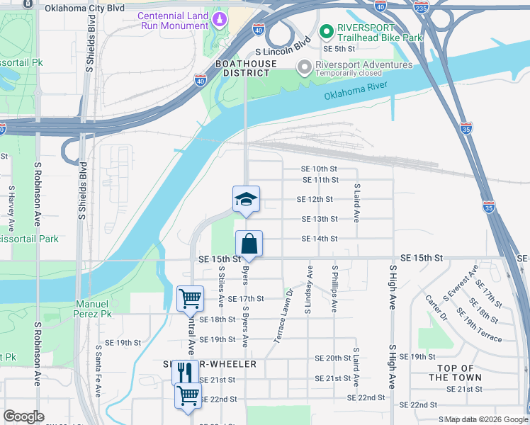 map of restaurants, bars, coffee shops, grocery stores, and more near 512 Southeast 12th Street in Oklahoma City