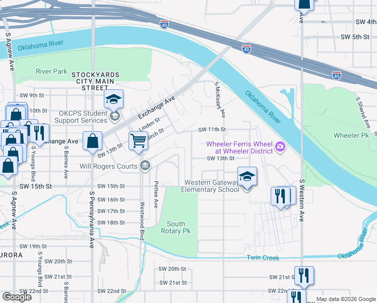map of restaurants, bars, coffee shops, grocery stores, and more near 1407 South Indiana Avenue in Oklahoma City