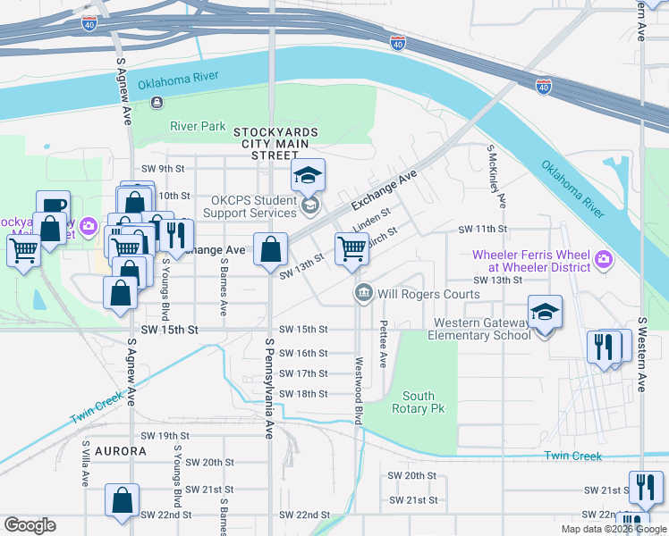 map of restaurants, bars, coffee shops, grocery stores, and more near 1404 South Daugherty Avenue in Oklahoma City