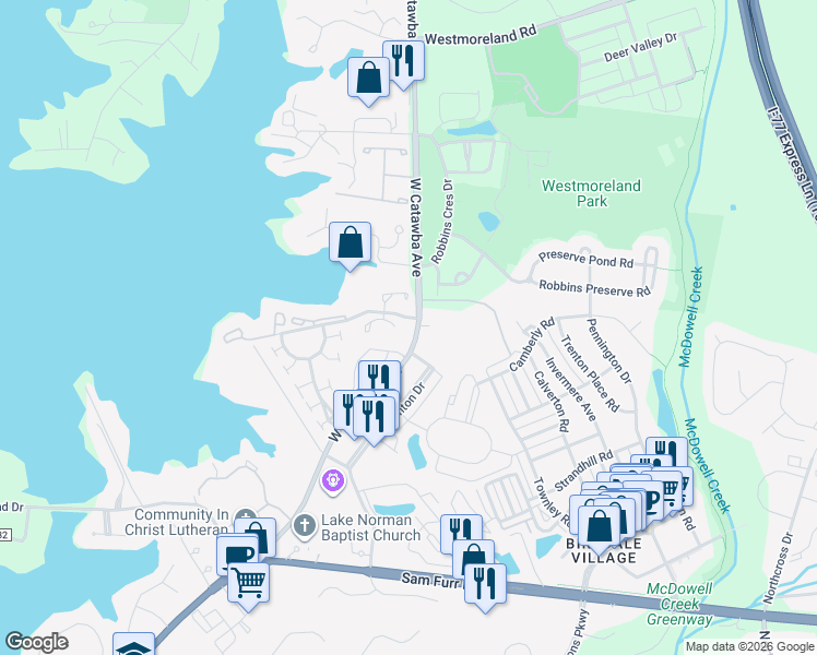 map of restaurants, bars, coffee shops, grocery stores, and more near in Cornelius