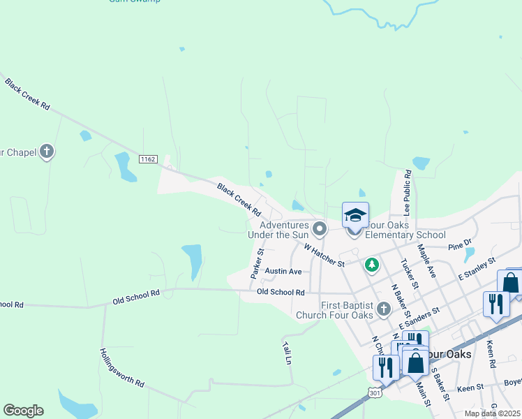 map of restaurants, bars, coffee shops, grocery stores, and more near 864 Black Creek Road in Four Oaks