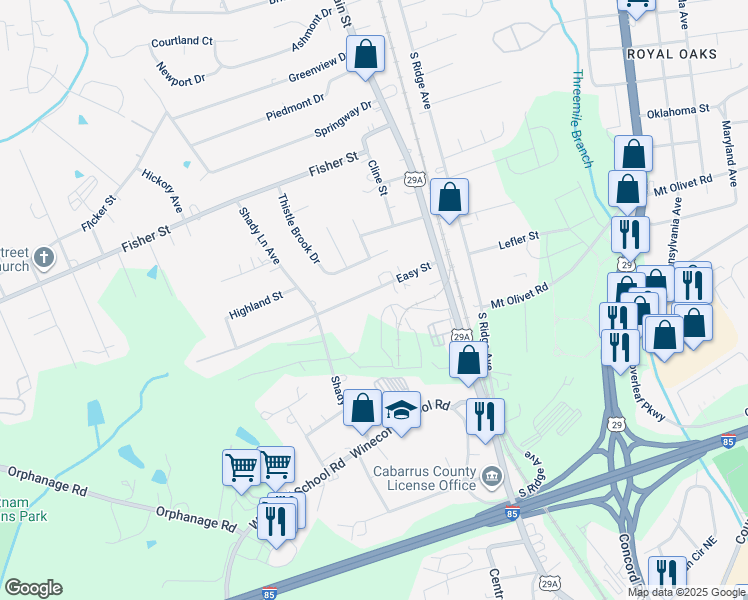 map of restaurants, bars, coffee shops, grocery stores, and more near Easy Street in Concord