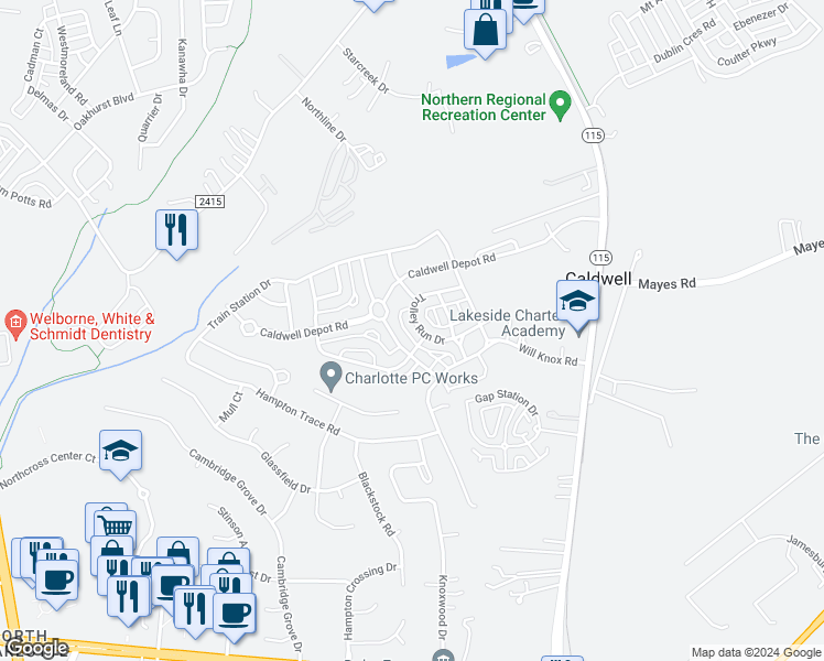 map of restaurants, bars, coffee shops, grocery stores, and more near 10625 Trolley Run Drive in Cornelius