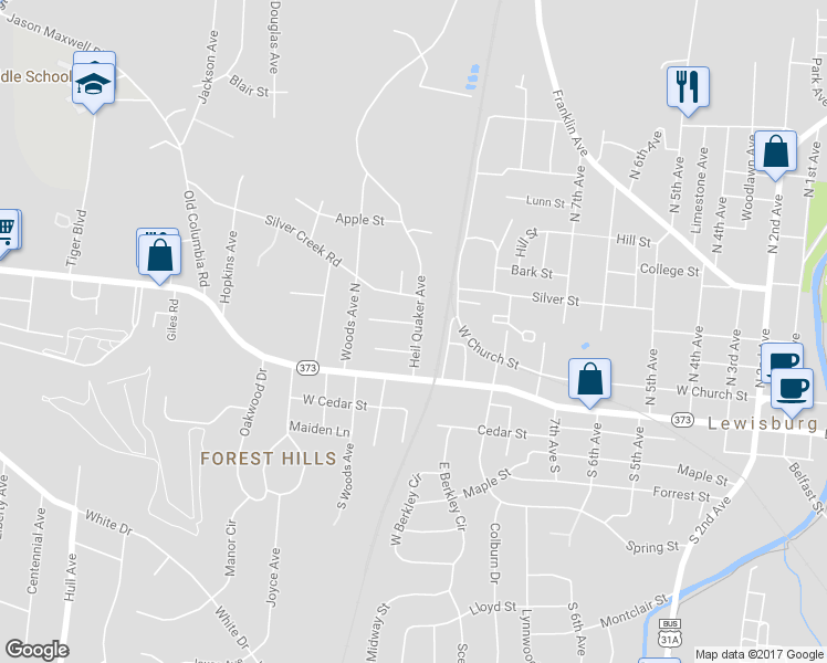 map of restaurants, bars, coffee shops, grocery stores, and more near 220 Heil Quaker Avenue in Lewisburg