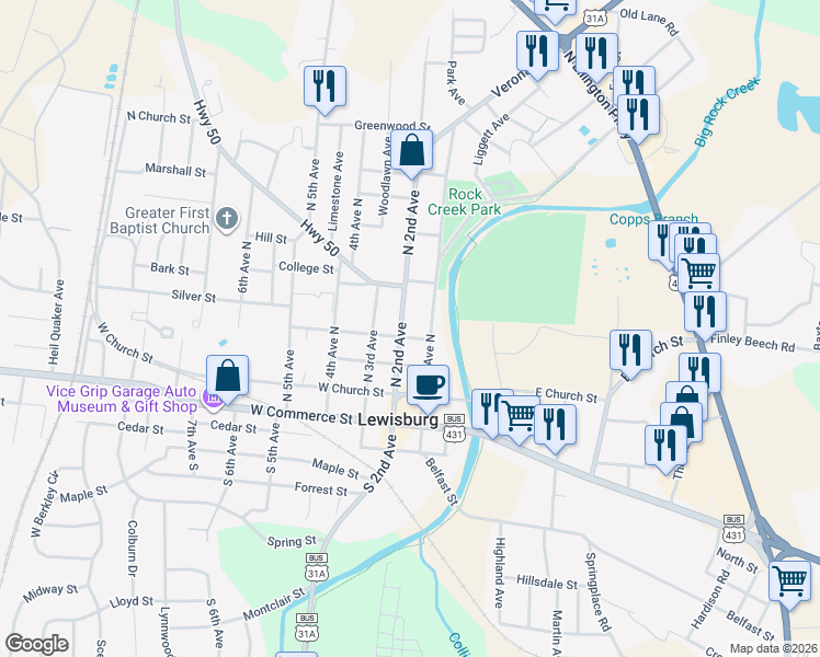 map of restaurants, bars, coffee shops, grocery stores, and more near 423 North 2nd Avenue in Lewisburg