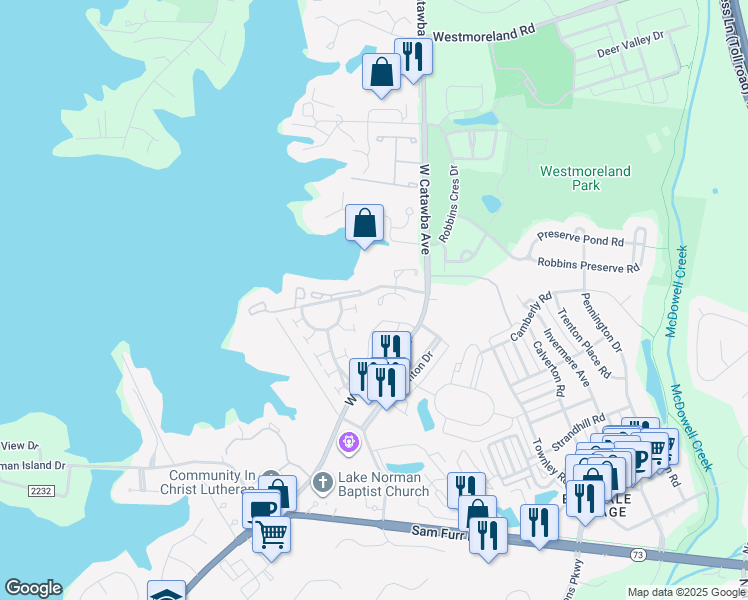 map of restaurants, bars, coffee shops, grocery stores, and more near 17433 Tuscany Lane in Cornelius