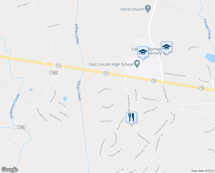 map of restaurants, bars, coffee shops, grocery stores, and more near 5371 Heartwood Lane in Stanley