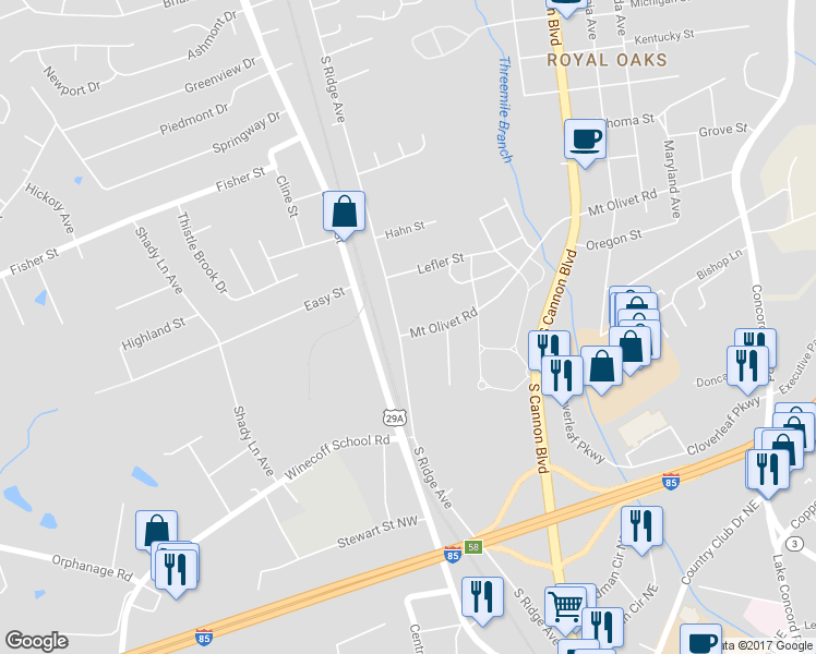 map of restaurants, bars, coffee shops, grocery stores, and more near 2823 South Ridge Avenue in Concord