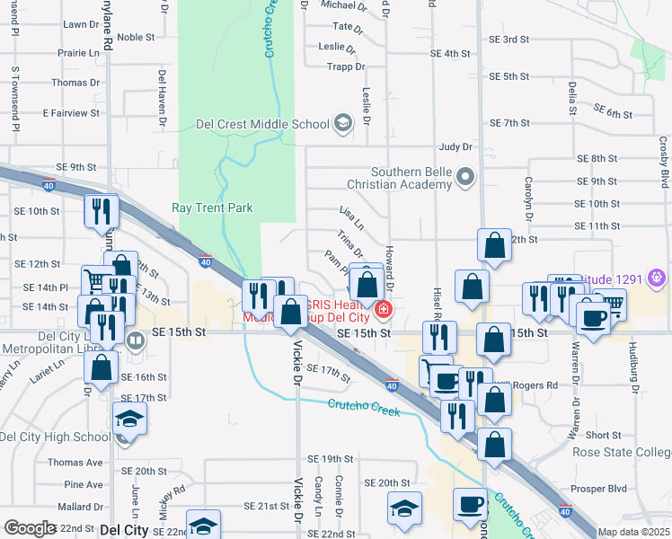 map of restaurants, bars, coffee shops, grocery stores, and more near 4728 Pam Place in Del City