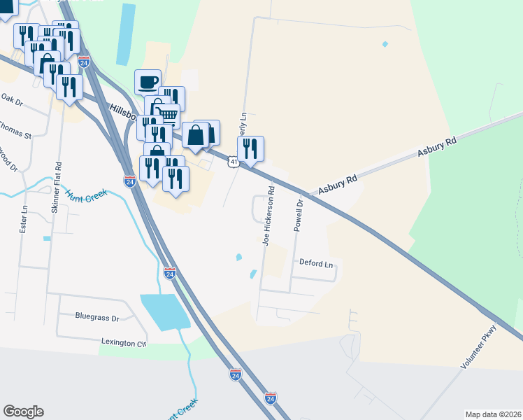 map of restaurants, bars, coffee shops, grocery stores, and more near 96 Joe Hickerson Road in Manchester