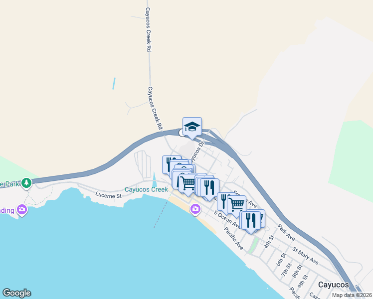 map of restaurants, bars, coffee shops, grocery stores, and more near 401 Cayucos Drive in Cayucos