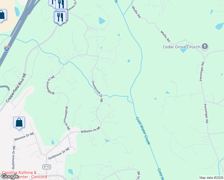 map of restaurants, bars, coffee shops, grocery stores, and more near 115 Forest Cliff Court Northeast in Concord