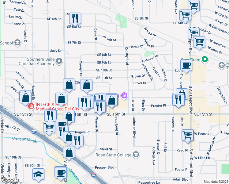 map of restaurants, bars, coffee shops, grocery stores, and more near 1328 Buena Vista Avenue in Midwest City