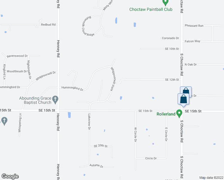 map of restaurants, bars, coffee shops, grocery stores, and more near 1190 Whippoorwill Vista in Choctaw