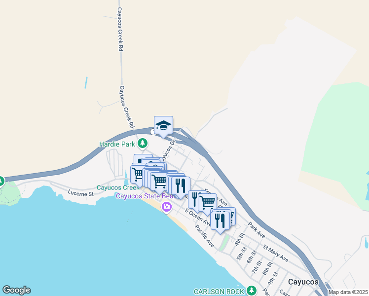 map of restaurants, bars, coffee shops, grocery stores, and more near 130 Cypress Avenue in Cayucos