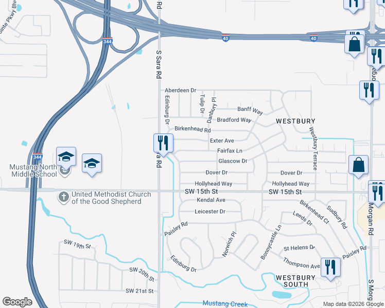 map of restaurants, bars, coffee shops, grocery stores, and more near 10432 Fairfax Lane in Yukon
