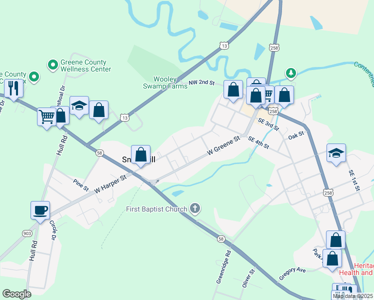 map of restaurants, bars, coffee shops, grocery stores, and more near 212 West Harper Street in Snow Hill